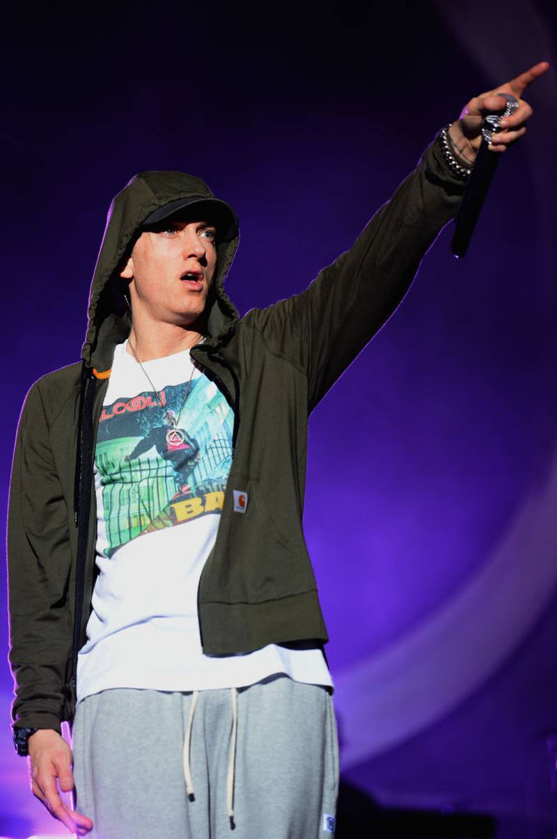 CHICAGO, IL - AUGUST 01:  Eminem performs at Samsung Galaxy stage during 2014 Lollapalooza Day One at Grant Park on August 1, 2014 in Chicago, Illinois.  (Photo by Theo Wargo/Getty Images)