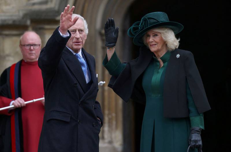 WINDSOR, ENGLAND - MARCH 31: King Charles III and Queen Camilla arrive to attend the Easter Mattins Service at Windsor Castle on March 31, 2024 in Windsor, England. (Photo by Hollie Adams - WPA Pool/Getty Images)